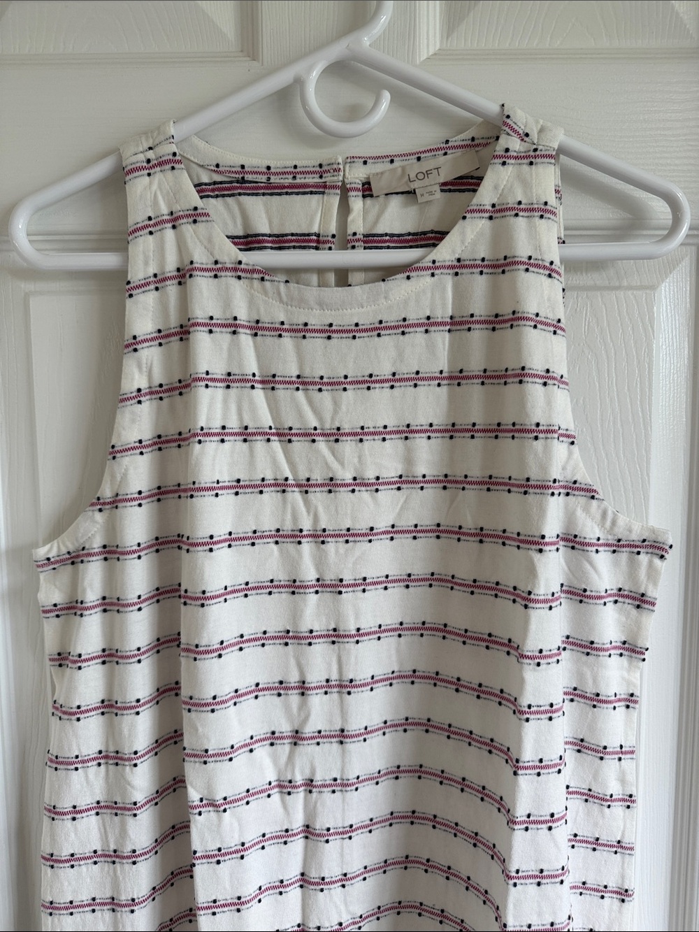 NWT LOFT Cream Dress with Purple-Accent Stripes and Ruffle Hem - Picture 5 of 11